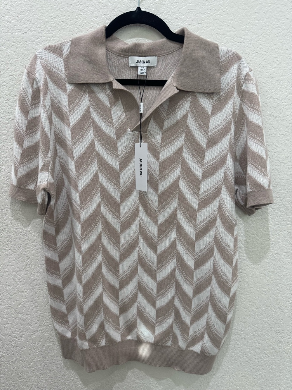 Jason Wu Silk Cotton Chevron Knit Polo Sweater Beige Ivory Short Sleeve NWT S